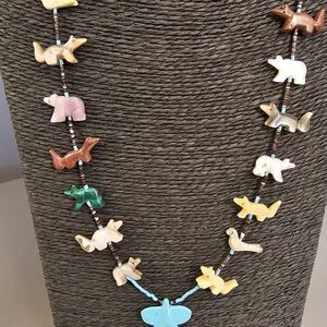 Vtg Stering Silver Zuni Fetish Turquoise Shell Heishi Carved Native Necklace